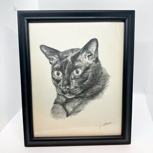 Vintage Cat Sketch Drawing Print Framed Signed Art Artist Familiar Witchy